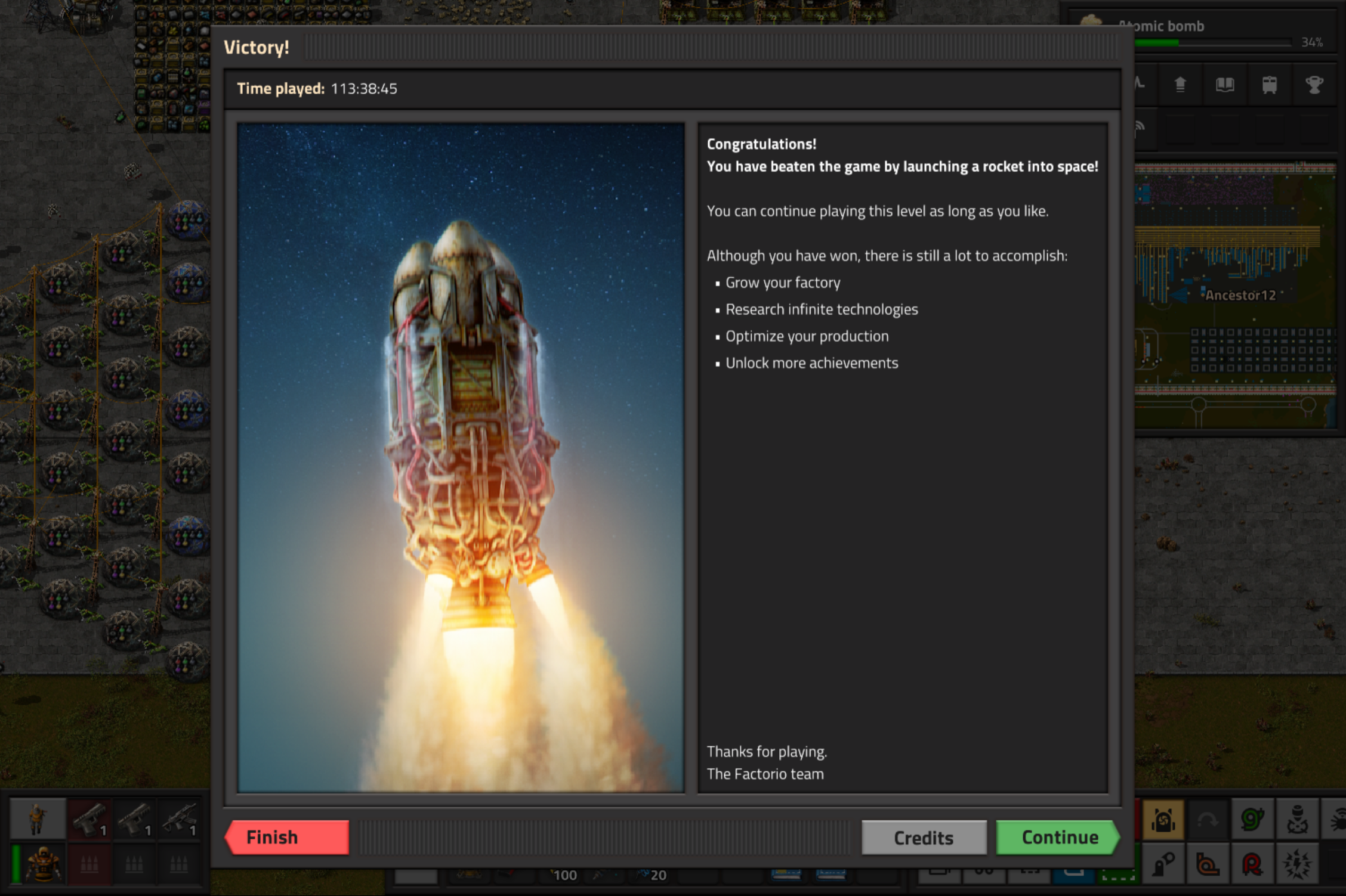 The Factorio victory screen — 113 hours to launch the rocket